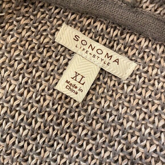Sonoma Women Size XL 100% Cotton Striped Neutral Knit Open Cardigan with Hoodie - Picture 8 of 9